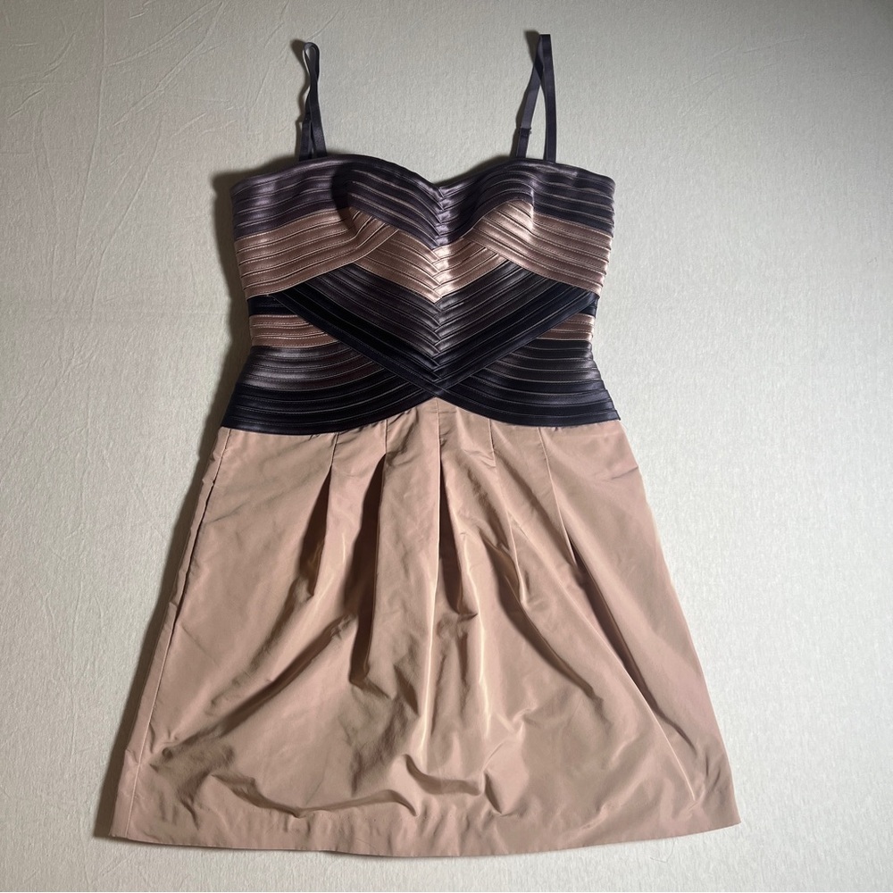 BCBGMaxAzria Black and Taupe Pleated Bust Cocktail Dress